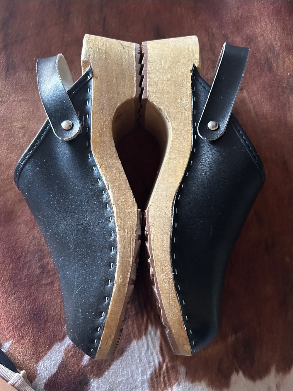 Women's Black Leather Clog Mules with Wooden Sole
